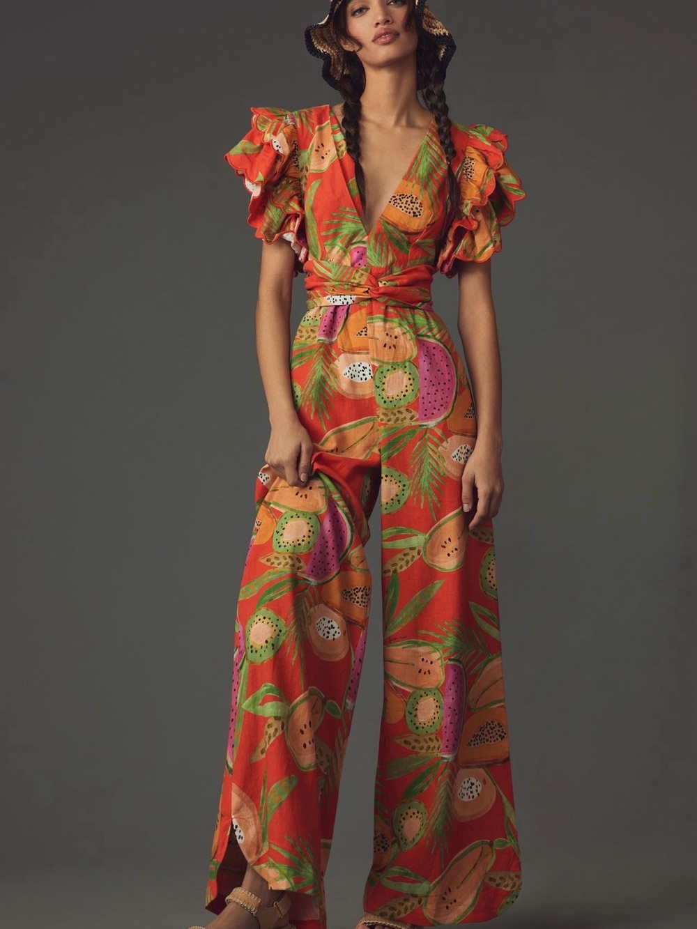 FARM Rio Anthropologie Linen Viscose Tropical Fruit-Print Wide-Leg Jumpsuit